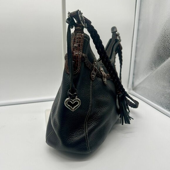 Brighton Leather Woven Tassel‎ Shoulder Bag Black Brown Rectangle Pockets Zipper - Picture 4 of 11